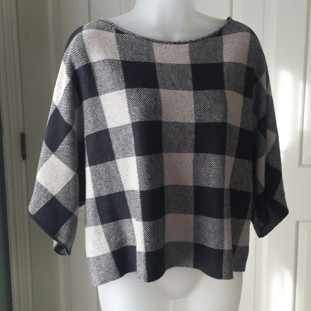 Eileen Fisher buffalo check cropped linen pull over sweater sz S Black White